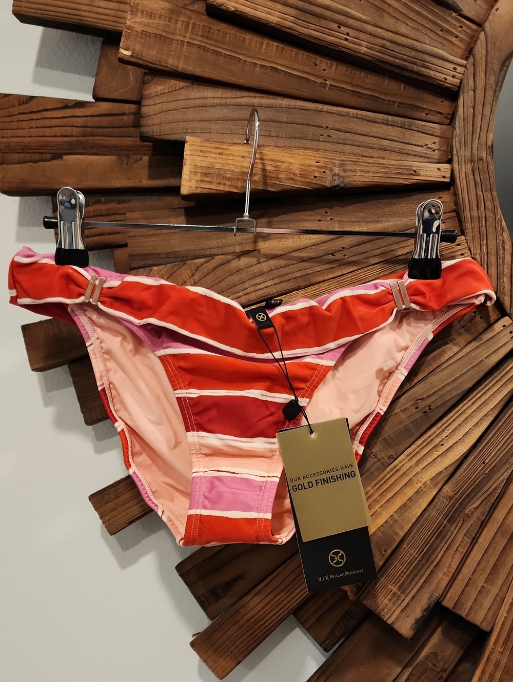 NWT VIX PAULAHERMANNY Striped Pink & Red/Orange  Bikini Bottoms with Gold Accent
